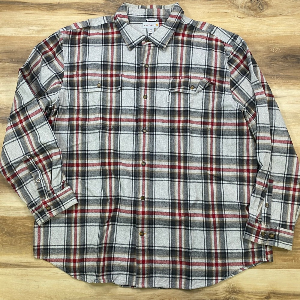 Carhartt Flannel Shirt 2XL Plaid Workwear Cotton Original Fit Gray Red 100139